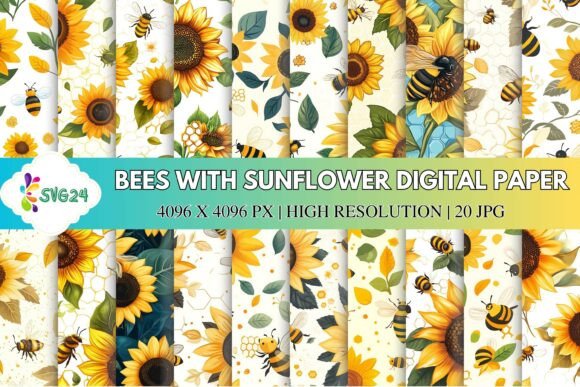 Bees with Sunflower Digital Paper: A Vibrant Addition to Creative Projects