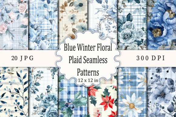 Blue Winter Floral Plaid Seamless Pattern Design