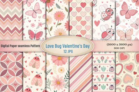 Love Bug Valentine’s Day Seamless Digital Paper Pack