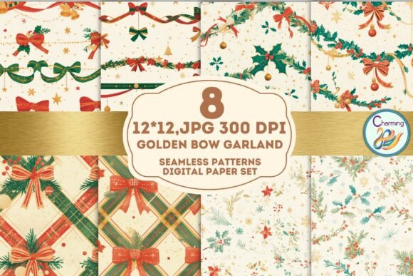 Seamless Paper Golden Bow Garland: A Design Essential for Print Projects